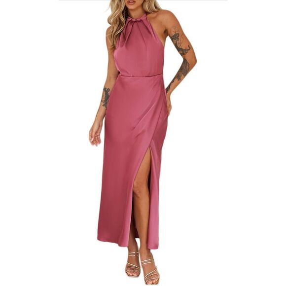 NEW Rose Satin Halter Neck Backless Slit Cowl Back Ruched Maxi Dress M - Picture 1 of 4